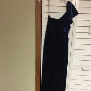 Karlie blue velvet one shoulder jumpsuit